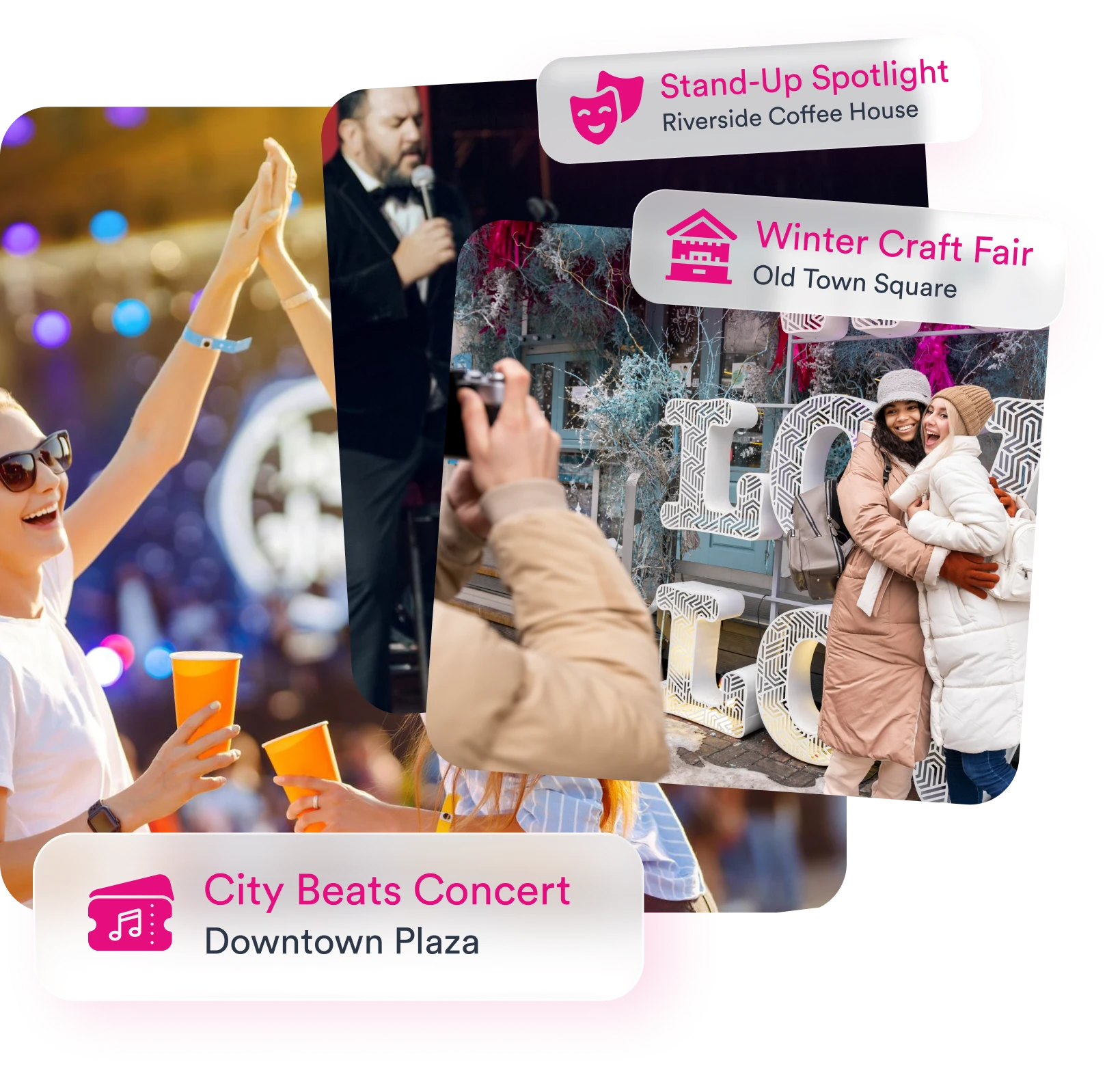 three pictures of Resident-led events - first - Winter Craft Fair, second - Stand-up Spotlight, third - City beats Concert, friendly group of people that having great time during outings to Local Events