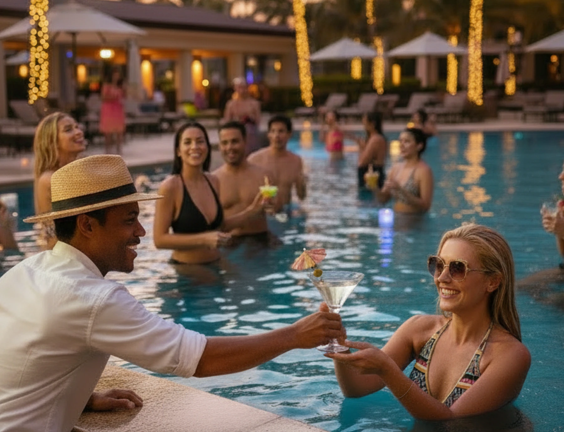 Luxury pool party event with cocktails, music, and crowd