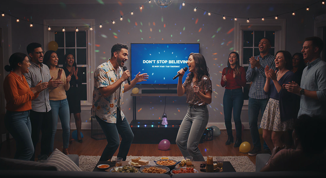 Two residents singing karaoke duet