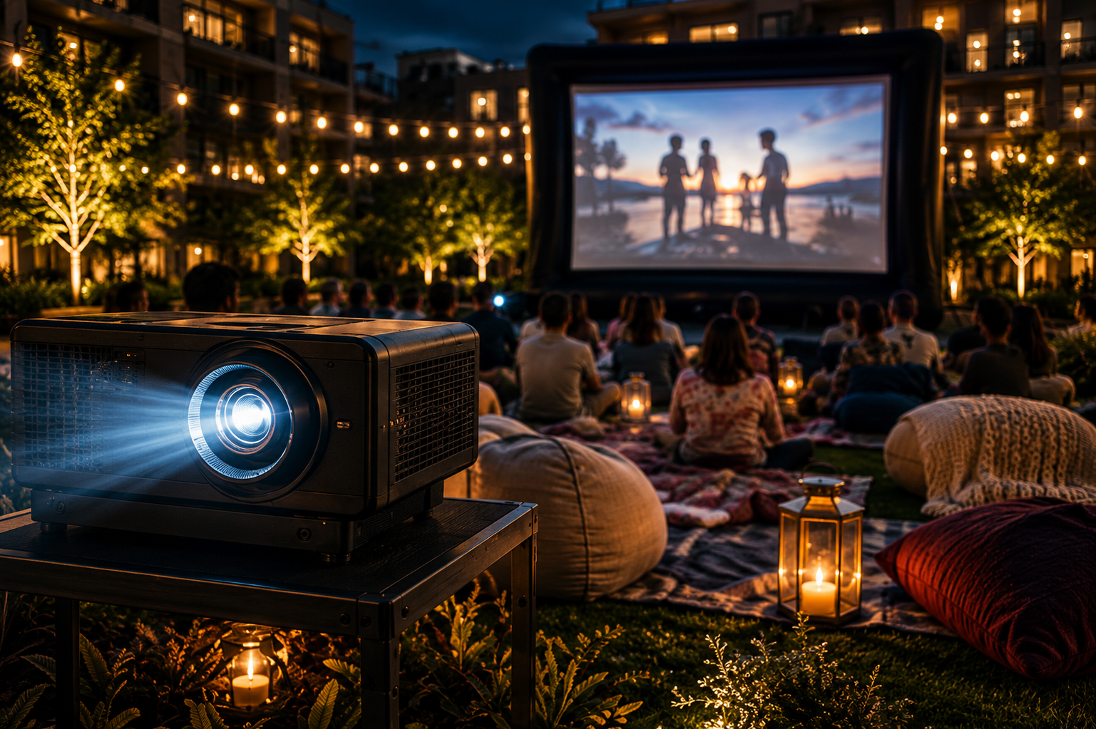 Professional projector displaying an outdoor movie during a resident event in a luxury apartment community courtyard.