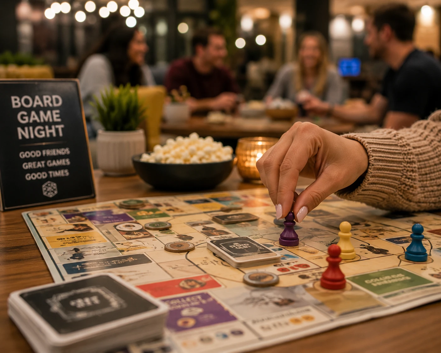 Close-up of a resident playing a board game during a board game night in a luxury apartment community clubhouse, with other residents socializing in the background.