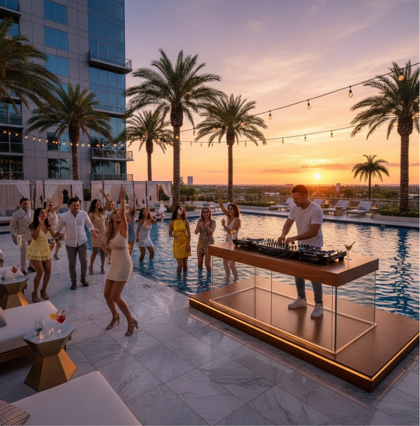 Residents dancing at a sunset pool party with a live DJ at a luxury apartment community.