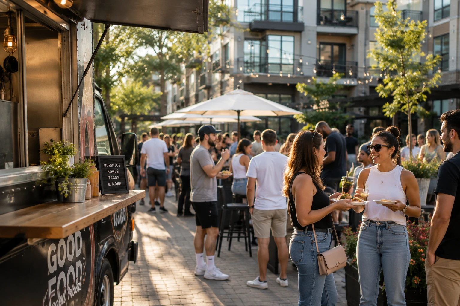 Residents enjoying a food truck event in the courtyard of a luxury apartment community during golden hour.