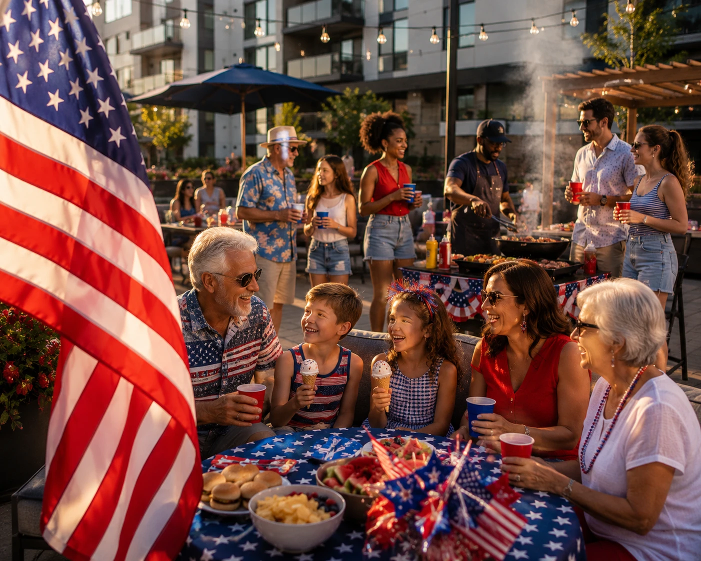 Residents of all ages celebrating the Fourth of July with a community barbecue at a luxury apartment community, with a large American flag in the foreground.