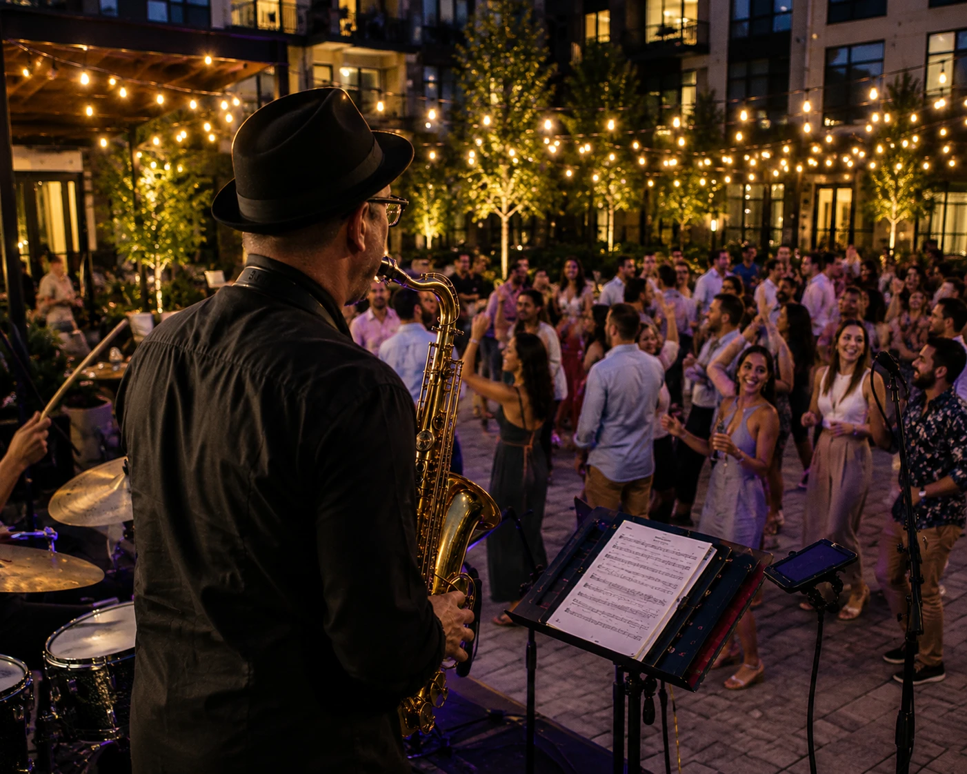 Rear view of a saxophone player performing live for residents dancing during an outdoor evening event at a luxury apartment community.