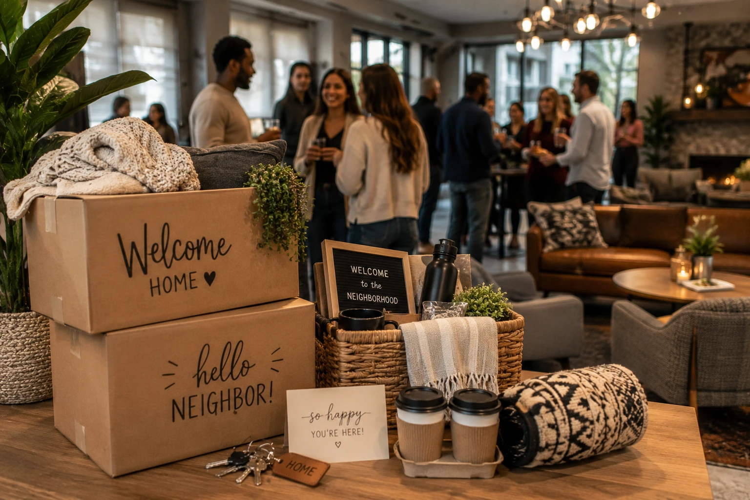 Moving boxes, welcome gifts, apartment keys, and home essentials in the foreground with residents socializing during a new neighbor welcome party inside a luxury apartment community clubhouse.