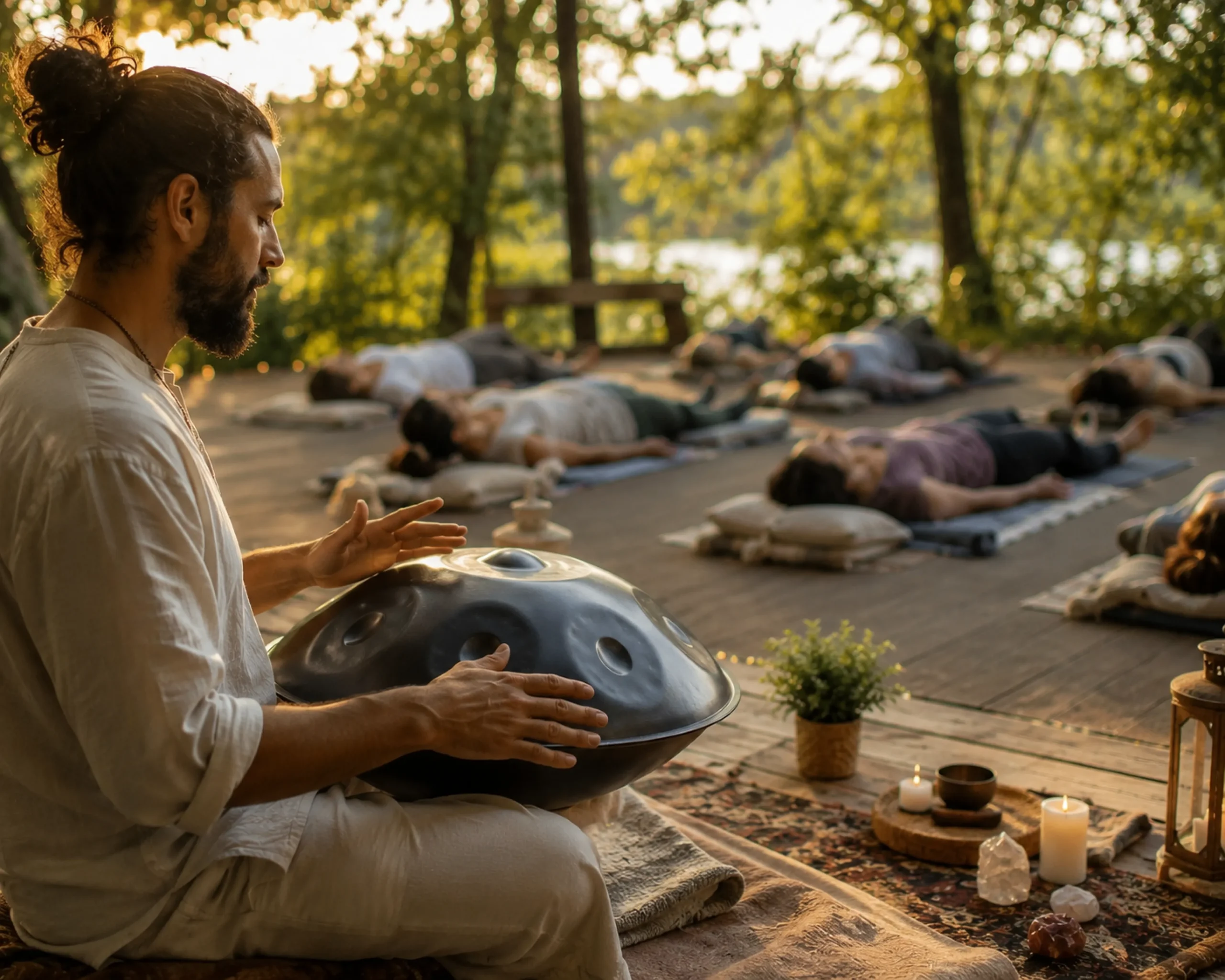 Handpan instructor leading an outdoor sound bath while apartment community residents relax on yoga mats during a wellness event.