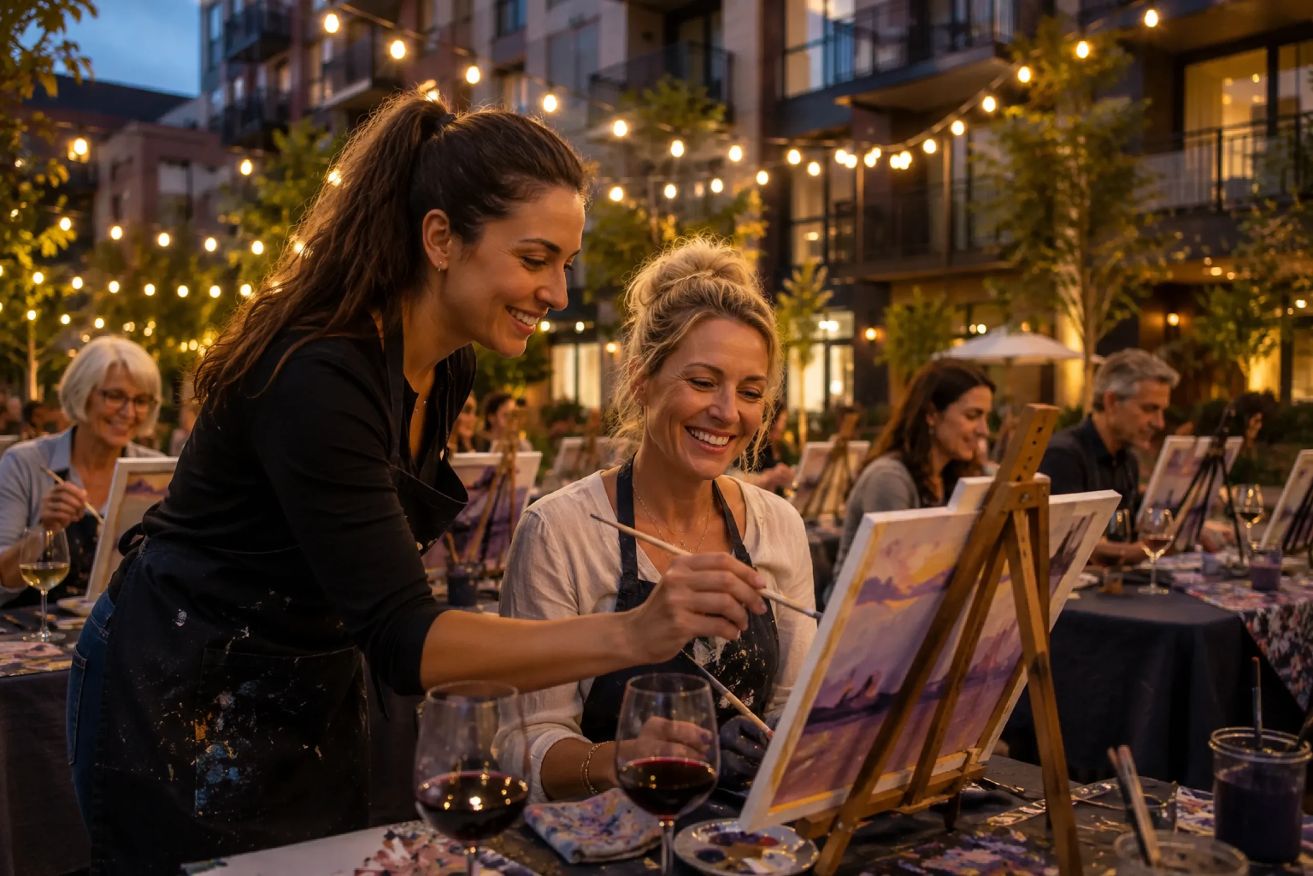 Painting instructor helping a resident during an outdoor wine and paint event at a luxury apartment community.