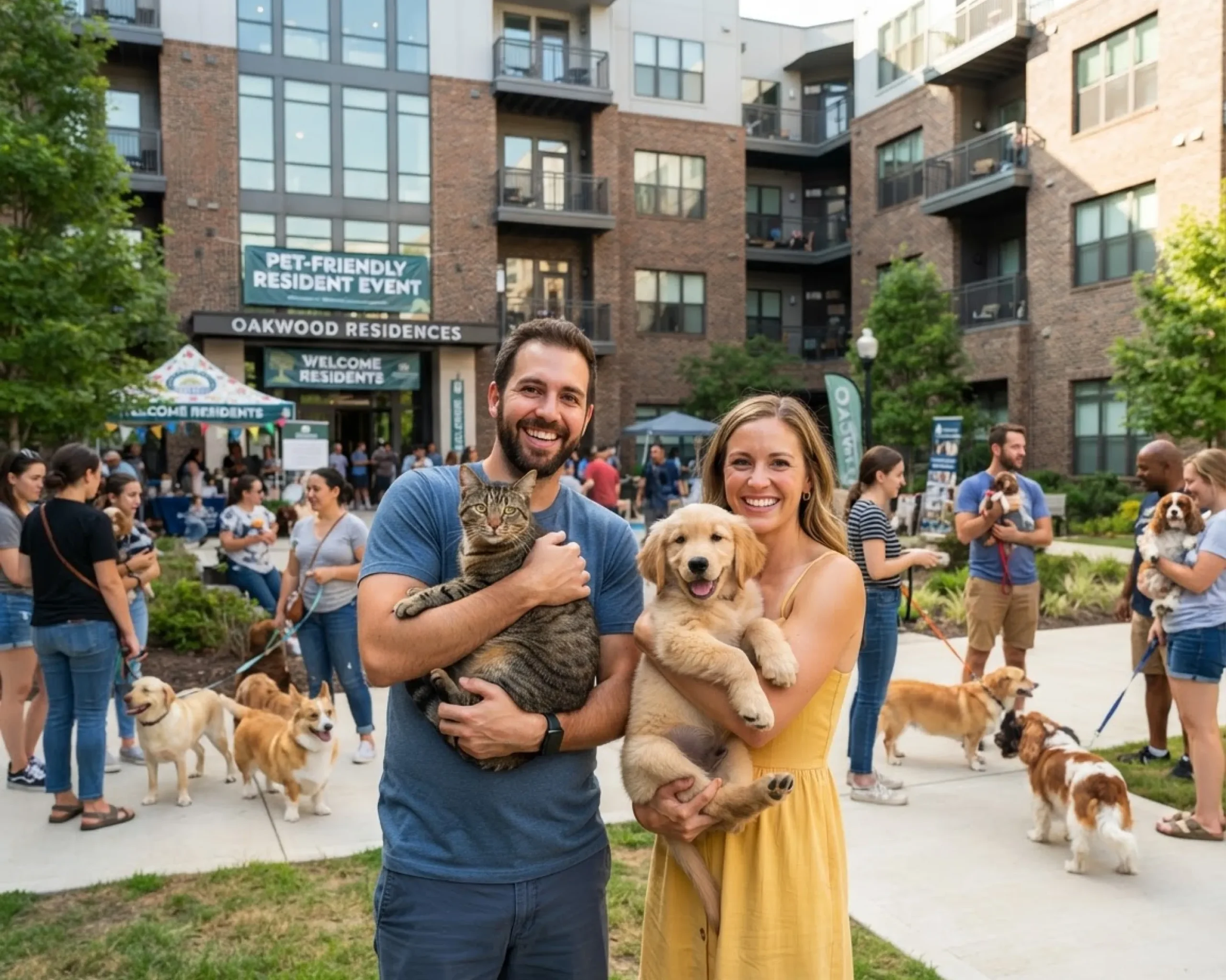 Apartment community residents holding a cat and a golden retriever puppy during a pet-friendly resident event with neighbors and pets gathered outdoors.