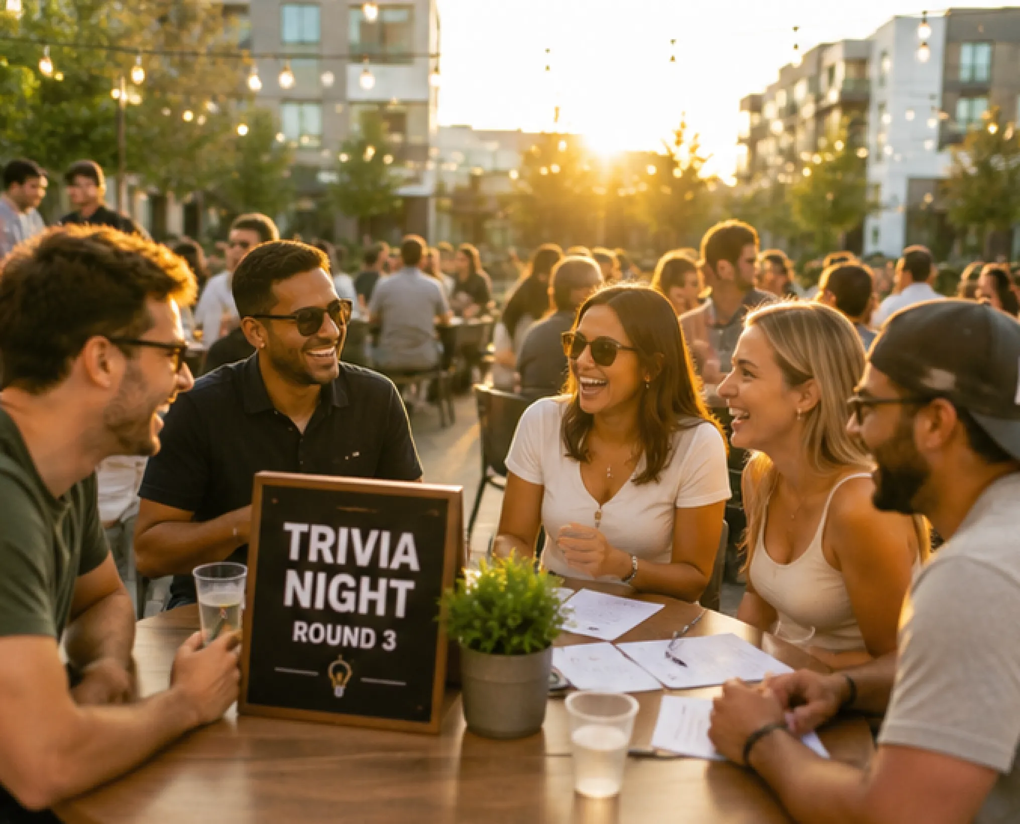 Residents playing trivia together in an apartment courtyard during golden hour.