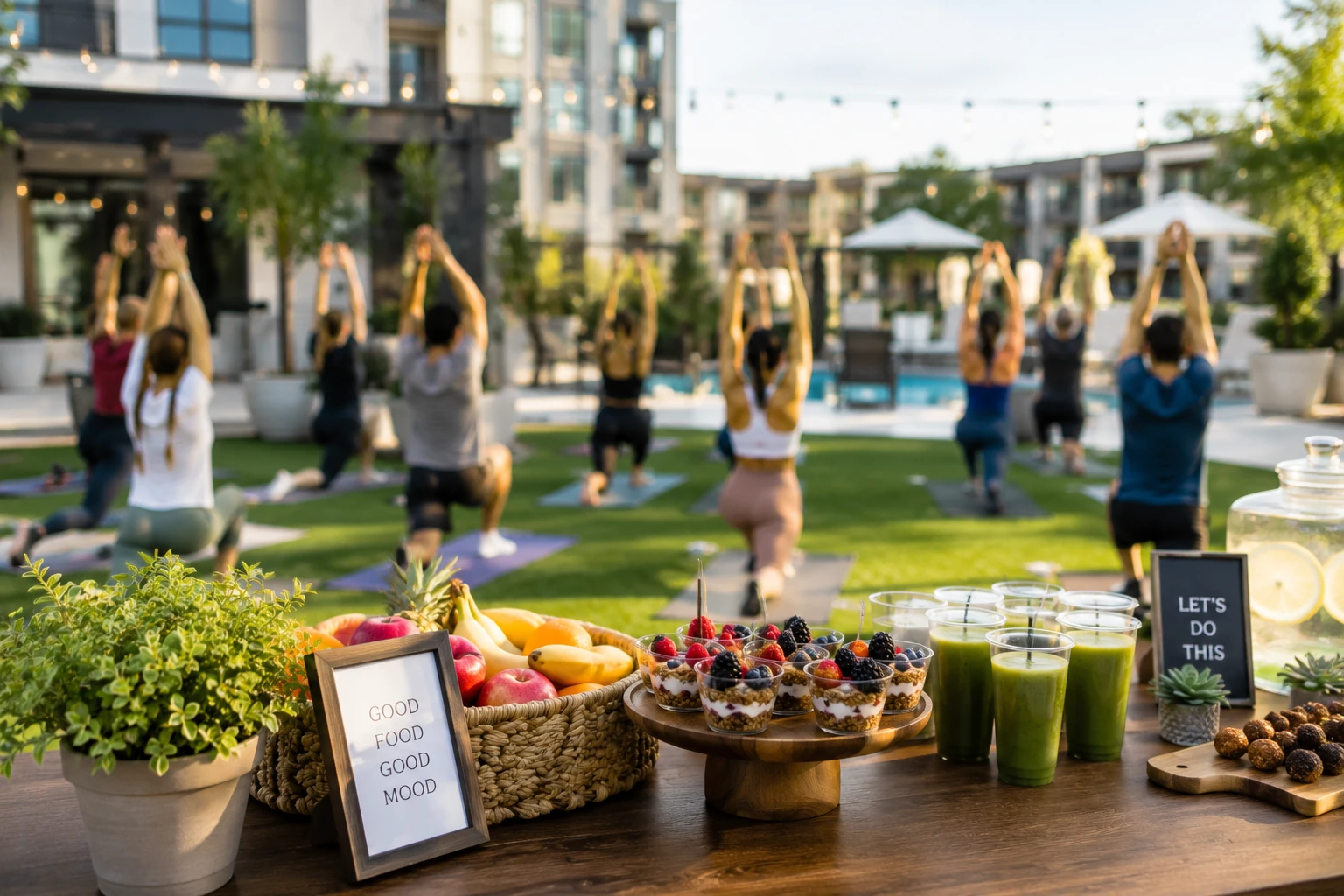 Residents enjoying yoga, healthy refreshments, and social activities during an apartment wellness event.