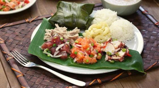 Tropical food platter served at an Aloha pool party