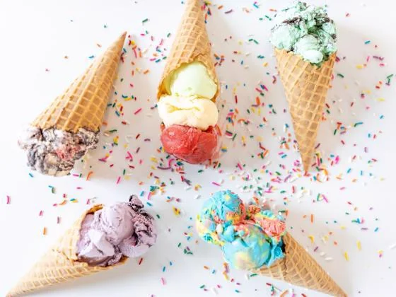 Colorful ice cream cones with sprinkles for an ice cream crawl