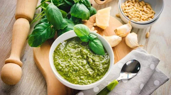 Fresh homemade basil pesto with pine nuts and Parmesan
