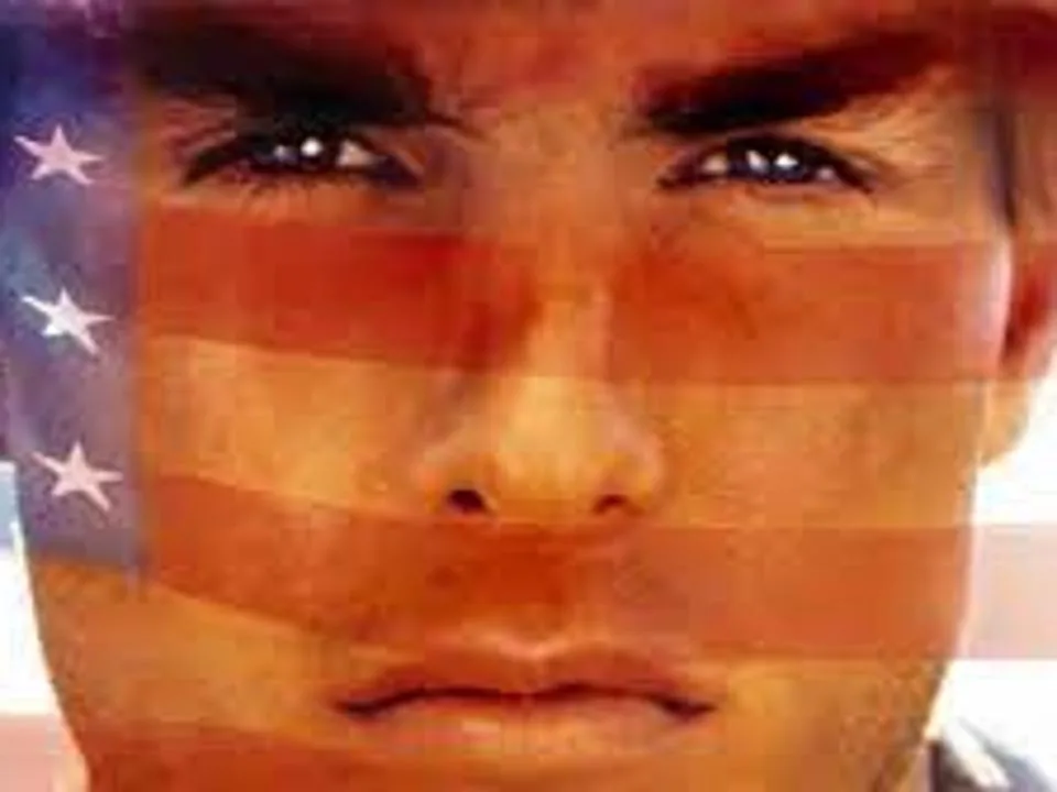Close-up movie scene featuring an American flag