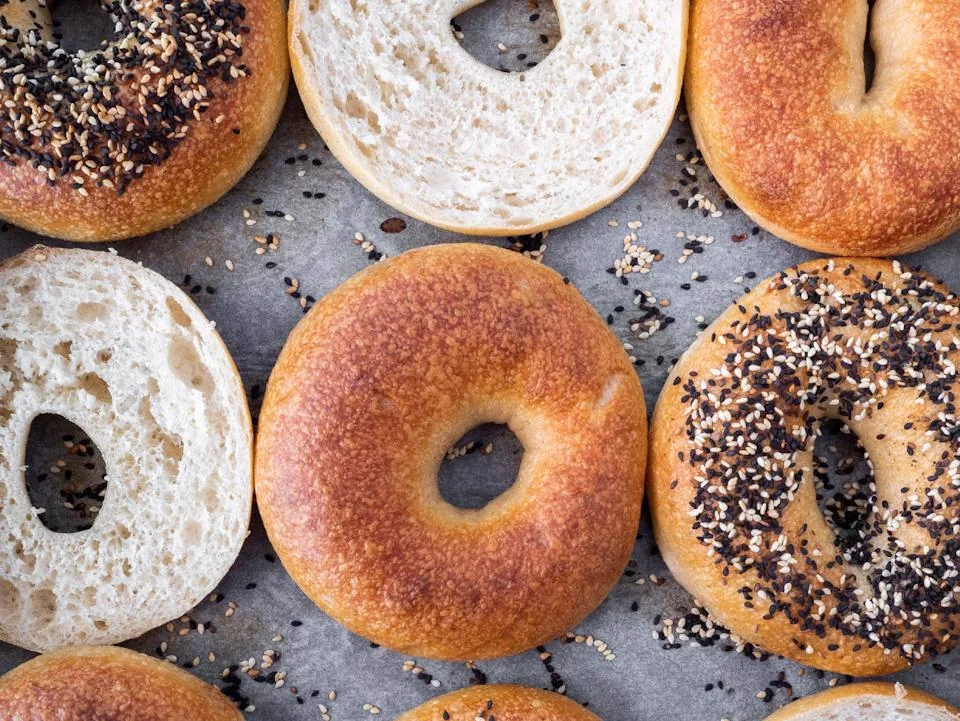Fresh assorted bagels for a resident breakfast bagel bar