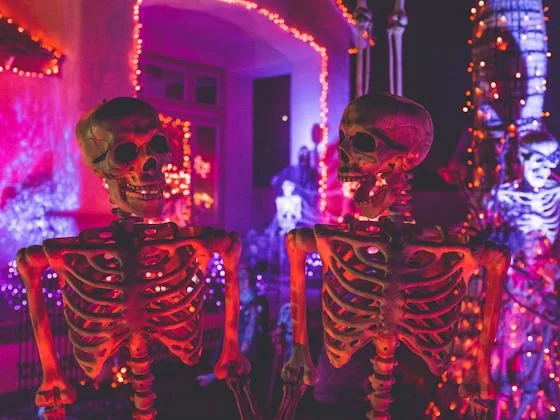 Skeleton decorations at a colorful Halloween party
