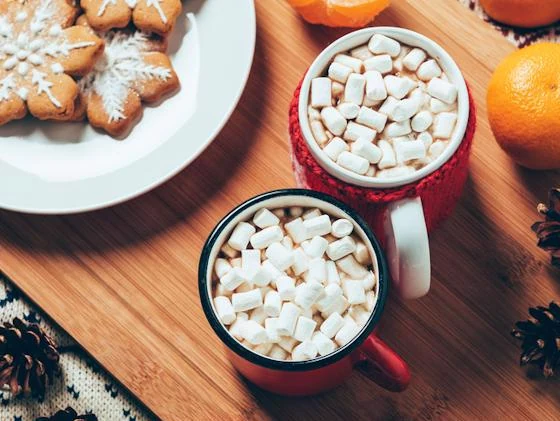 Hot cocoa with marshmallows and holiday cookies