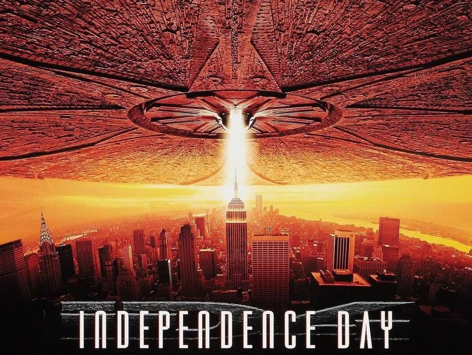 Independence Day movie poster featuring a spaceship above New York City