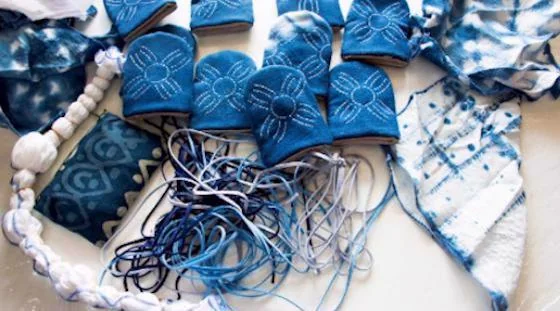 Indigo dyed textile pieces prepared for a resident workshop
