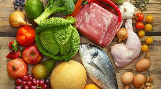 Fresh meat, fish, vegetables, and fruit for a Paleo cooking class