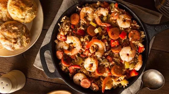 Cajun rice skillet with shrimp, sausage and vegetables