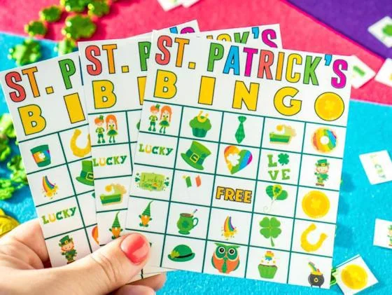 St. Patrick’s Day bingo cards with colorful themed symbols