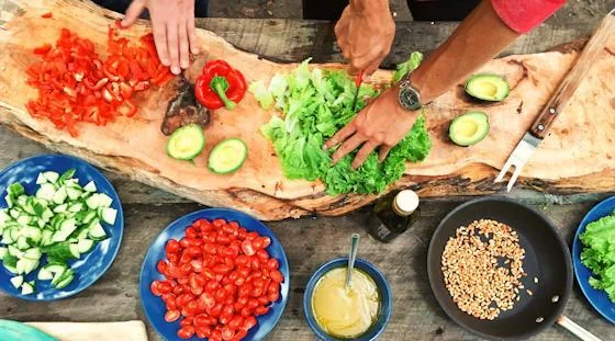 Fresh vegetables prepared for a vegetarian cooking class