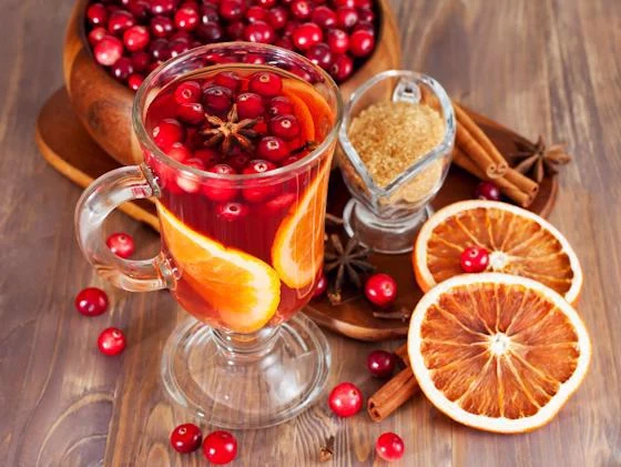 Cranberry winter cocktail with orange slices, cinnamon, and star anise